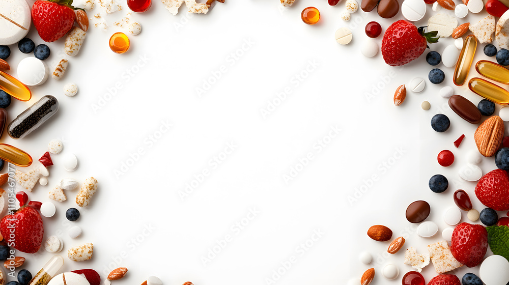 A vibrant arrangement of fruits, nuts, and supplements, creating a colorful border around a blank space for text or images A vibrant arrangement of fruits, nuts, and supplements, creating a colorful border around a blank space for text or images