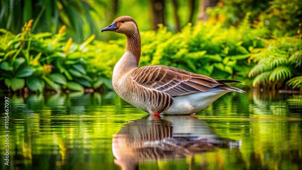 Aerial View of a Majestic Brown Swan Goose Standing Upright in a Serene Pond Surrounded by Lush Greenery, Capturing the Beauty of Nature and Wildlife in Harmony Aerial View of a Majestic Brown Swan Goose Standing Upright in a Serene Pond Surrounded by Lush Greenery, Capturing the Beauty of Nature and Wildlife in Harmony