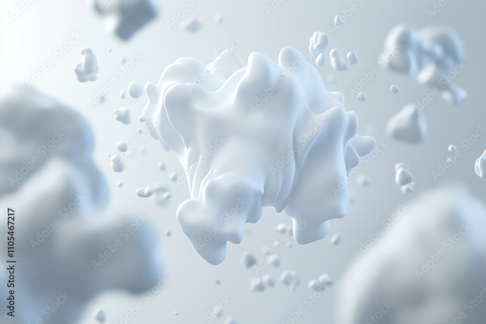 Abstract illustration shows white foam in air. Soft light, floating shapes create modern design. Lightness, ethereal elements presented in image. Abstract design for tech company beauty product brand. Abstract illustration shows white foam in air. Soft light, floating shapes create modern design. Lightness, ethereal elements presented in image. Abstract design for tech company beauty product brand.