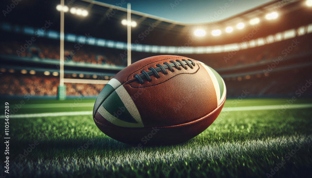 Close-up of an American football on a stadium field with dramatic lighting Close-up of an American football on a stadium field with dramatic lighting