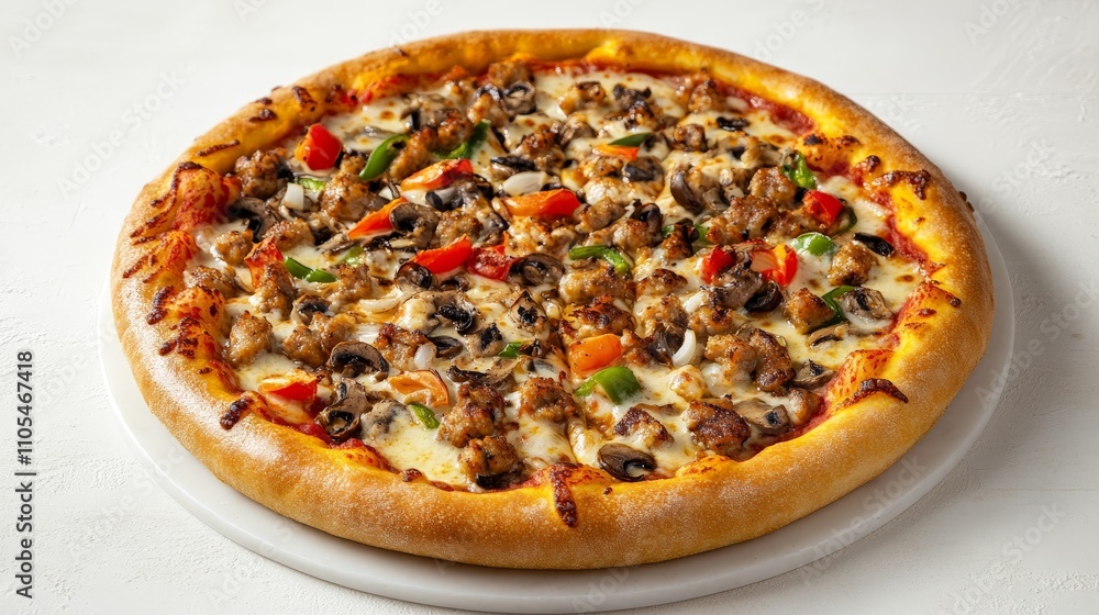 Crispy golden crust pizza with fresh vegetarian toppings and perfectly melted cheese, clean white setting, Crispy golden crust pizza with fresh vegetarian toppings and perfectly melted cheese, clean white setting,