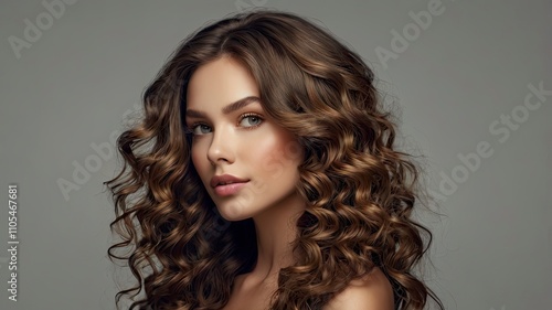 Beautiful woman in profile with long and shiny wavy hair . Beauty model girl with curly hairstyle . Presenting your product. Expressive facial expressions