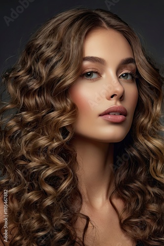 Beautiful woman in profile with long and shiny wavy hair . Beauty model girl with curly hairstyle . Presenting your product. Expressive facial expressions