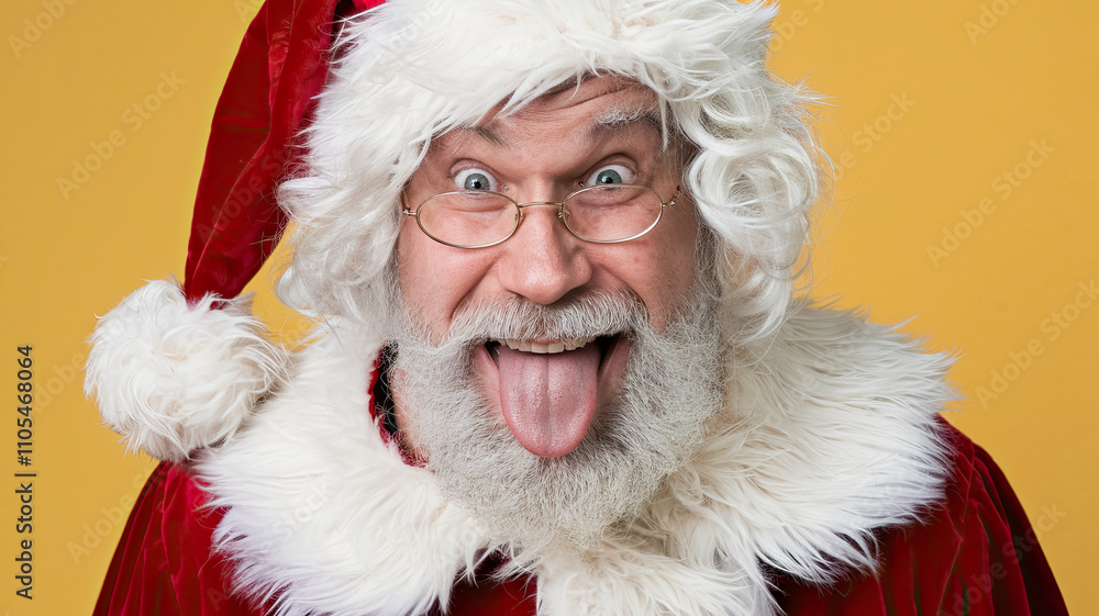 Close-up photo of a funny Santa Claus with his tongue out, showcasing a playful and crazy expression, isolated on a bright yellow background, perfect for humorous, holiday, and festive themes. Close-up photo of a funny Santa Claus with his tongue out, showcasing a playful and crazy expression, isolated on a bright yellow background, perfect for humorous, holiday, and festive themes.