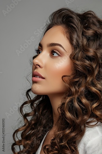 Beautiful woman in profile with long and shiny wavy hair . Beauty model girl with curly hairstyle . Presenting your product. Expressive facial expressions