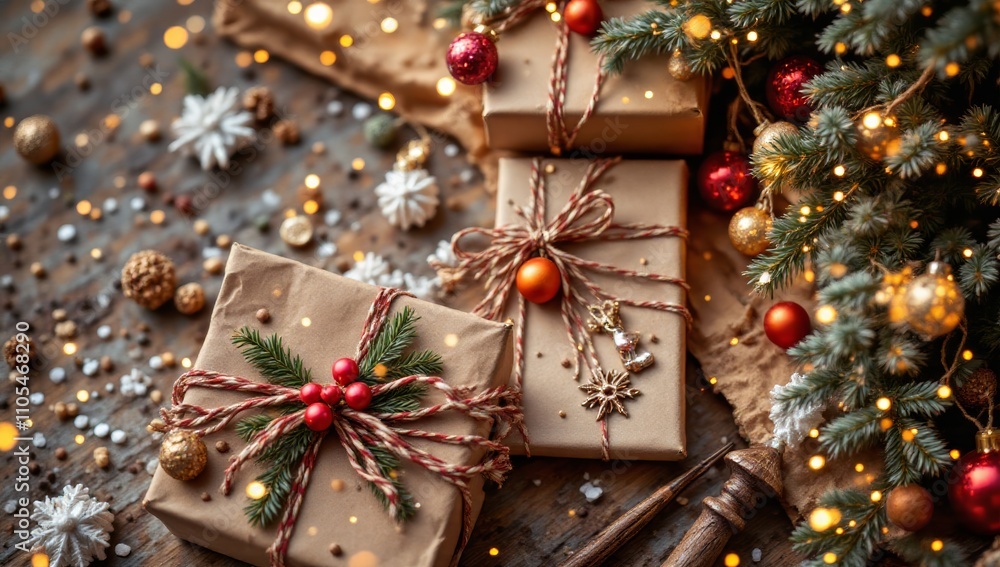 New Year. Christmas. Holidays. Composition with new year and christmas gifts on brown wooden background. view from above New Year. Christmas. Holidays. Composition with new year and christmas gifts on brown wooden background. view from above