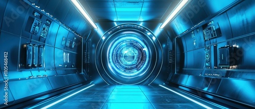 Futuristic vault inside a high-tech environment with holographic security systems