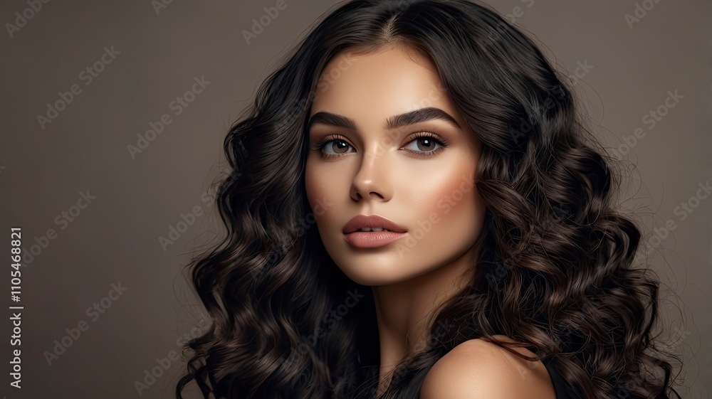 Beauty brunette girl with long and shiny wavy black hair . Beautiful woman model with curly hairstyle . Cosmetology , beauty and spa Beauty brunette girl with long and shiny wavy black hair . Beautiful woman model with curly hairstyle . Cosmetology , beauty and spa