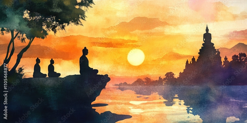 Obraz premium Painting of three people sitting on a rock by a river with a sun in the background. The mood of the painting is peaceful and serene