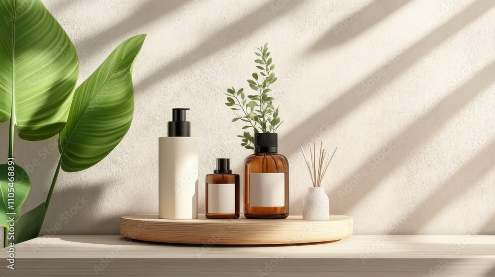 Stylish display of skincare bottles and a decorative plant Stylish display of skincare bottles and a decorative plant