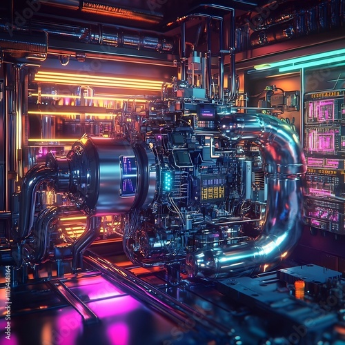 Futuristic Machinery Control Panel with Neon Lighting