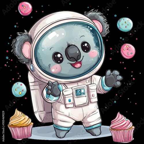 Cheerful Koala Astronaut Surrounded by Colorful Cupcakes and Candy photo