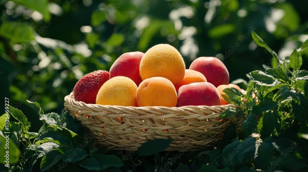 Fresh fruit vegetables with rich natural colors placed in a woven basket surrounded by herbs and room for text Fresh fruit vegetables with rich natural colors placed in a woven basket surrounded by herbs and room for text