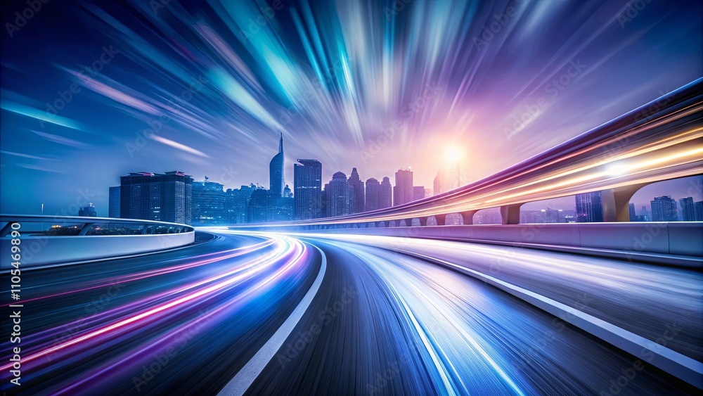 Urban Expressway at Night with Light Trails and Skyline Urban Expressway at Night with Light Trails and Skyline