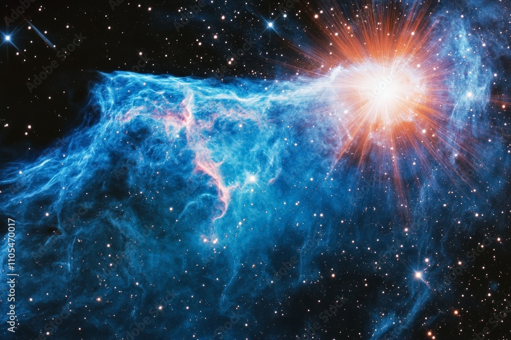 An electrifying scene of a vibrant blue cosmic wave motion, highlighting a radiant star shining brightly amidst the spectacle, in the depths of space. An electrifying scene of a vibrant blue cosmic wave motion, highlighting a radiant star shining brightly amidst the spectacle, in the depths of space.