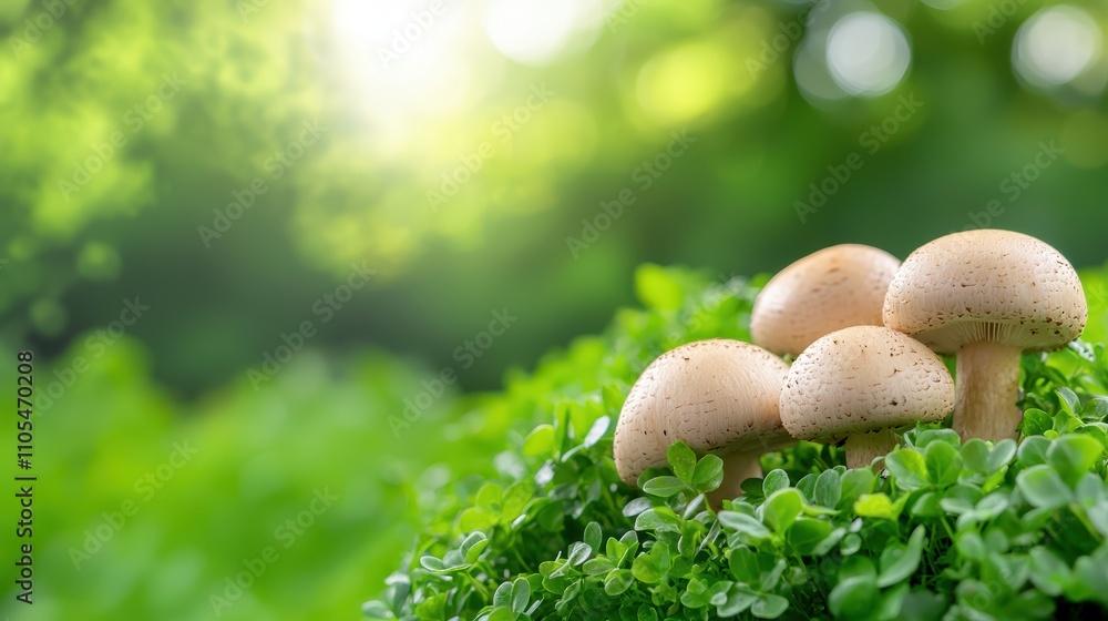 A serene image of mushrooms growing amidst lush green foliage, illuminated by soft sunlight in a tranquil, natural setting A serene image of mushrooms growing amidst lush green foliage, illuminated by soft sunlight in a tranquil, natural setting