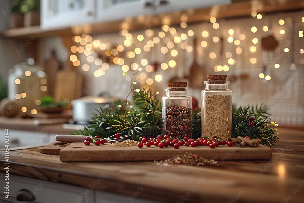 A cozy kitchen adorned with twinkling lights features glass jars filled with colorful spices on a wooden cutting board. Fresh greenery and berries add to the warm, festive atmosphere A cozy kitchen adorned with twinkling lights features glass jars filled with colorful spices on a wooden cutting board. Fresh greenery and berries add to the warm, festive atmosphere