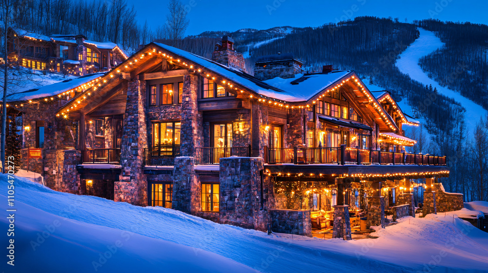 Obraz premium A luxurious ski resort lodge with snow on its roof, lit by string lights in the evening dusk.