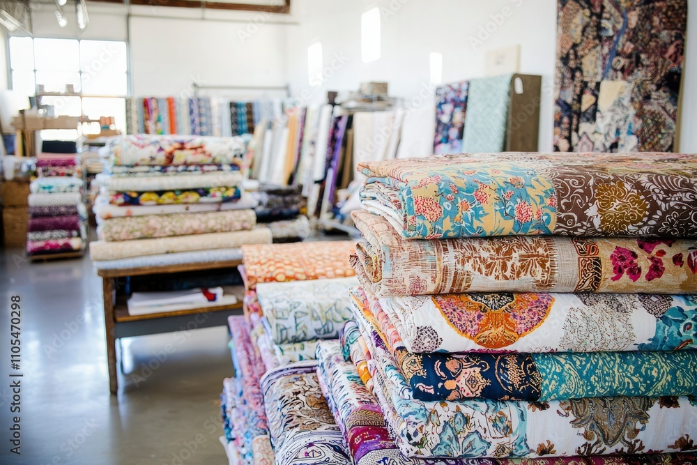 Obraz premium Stacks of Colorful Fabric Rolls in a Shop