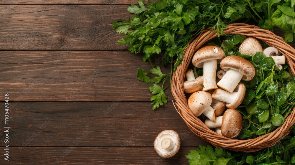 Fresh Organic Mushrooms Arrangement on Rustic Table with Dewy Textures Fresh Organic Mushrooms Arrangement on Rustic Table with Dewy Textures