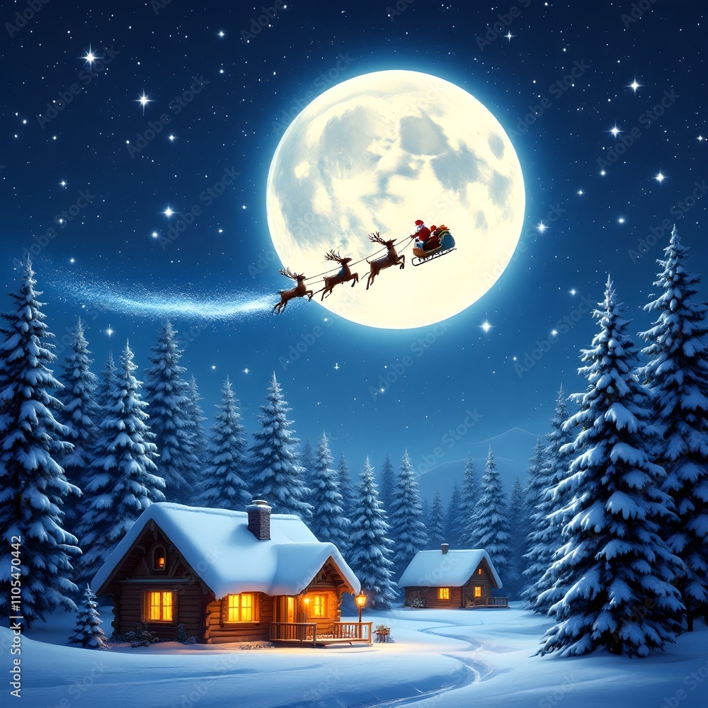 Naklejka premium Christmas scene with Santa flying through the night sky