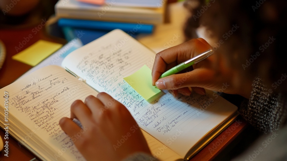 Obraz premium Female adult writing notes in journal with green pen, caucasian.