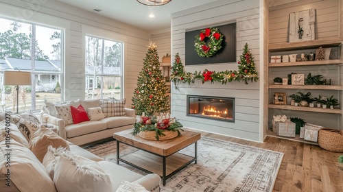 A cozy living room adorned with festive Christmas d?cor, featuring a crackling fireplace as its centerpiece, exudes a warm and inviting ambiance.  photo