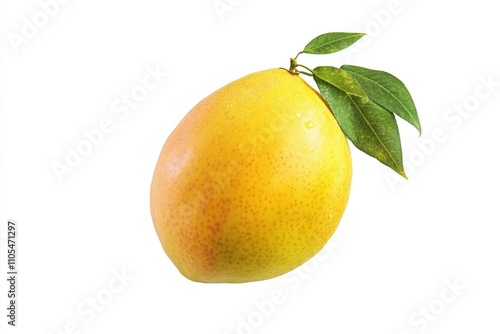Ripe yellow mango with a green leaf on top. The fruit is fresh and ready to eat