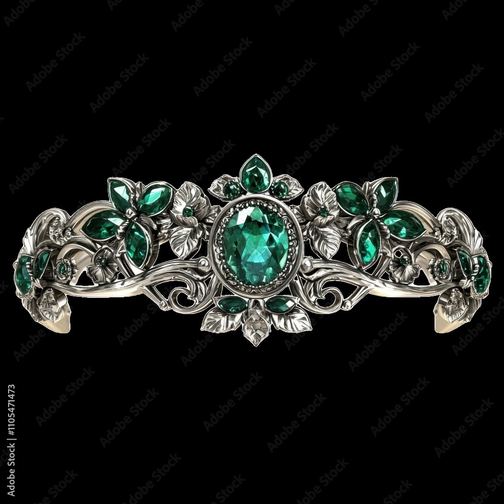 Elegant Silver Tiara with Green Gemstones and Floral Design Elegant Silver Tiara with Green Gemstones and Floral Design