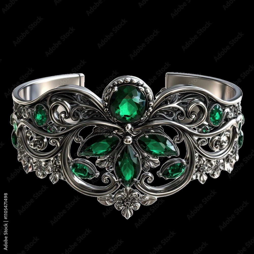 Elegant Silver Bracelet with Emerald Green Gemstones and Intricate Design Elegant Silver Bracelet with Emerald Green Gemstones and Intricate Design