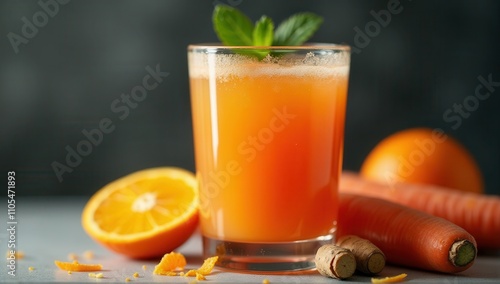 Carrot and orange smoothie with ginger - A refreshing glass of carrot and orange juice with fresh mint, surrounded by sliced orange, carrots, and ginger, against a soft-focus background