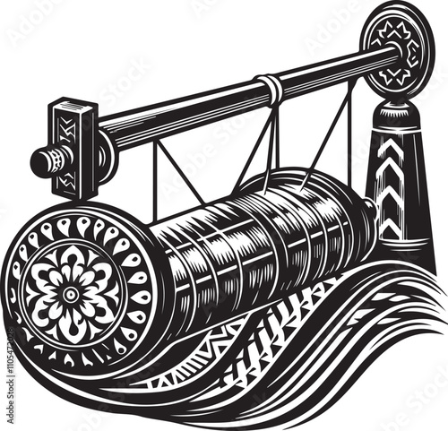 Vintage Hand-cranked Bobbin Winder, Detailed Illustration. A detailed, black and white illustration of a vintage hand-cranked bobbin winder.