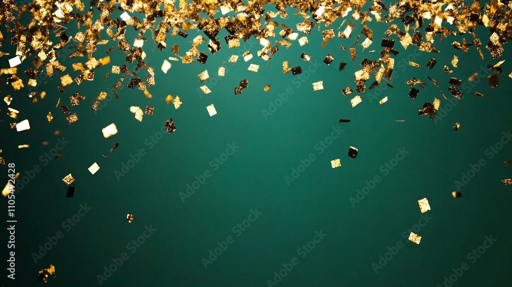 A shower of golden confetti cascading from the top of a deep emerald green background, leaving room for text at the bottom A shower of golden confetti cascading from the top of a deep emerald green background, leaving room for text at the bottom