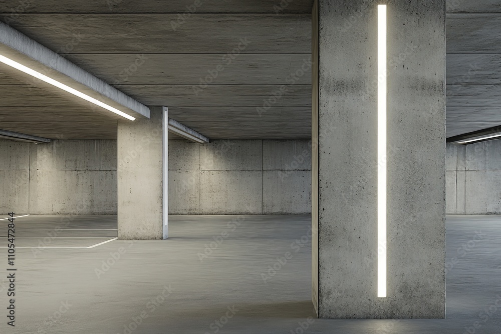 Fototapeta premium An empty parking space with sleek concrete finishes and vertical light features on columns, offering a sense of modernity and space efficiency in urban design.