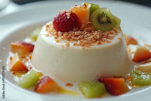 An artfully plated panna cotta featuring a touch of elegance with fresh fruits such as kiwi and raspberries, topped with crispy coconut flakes.