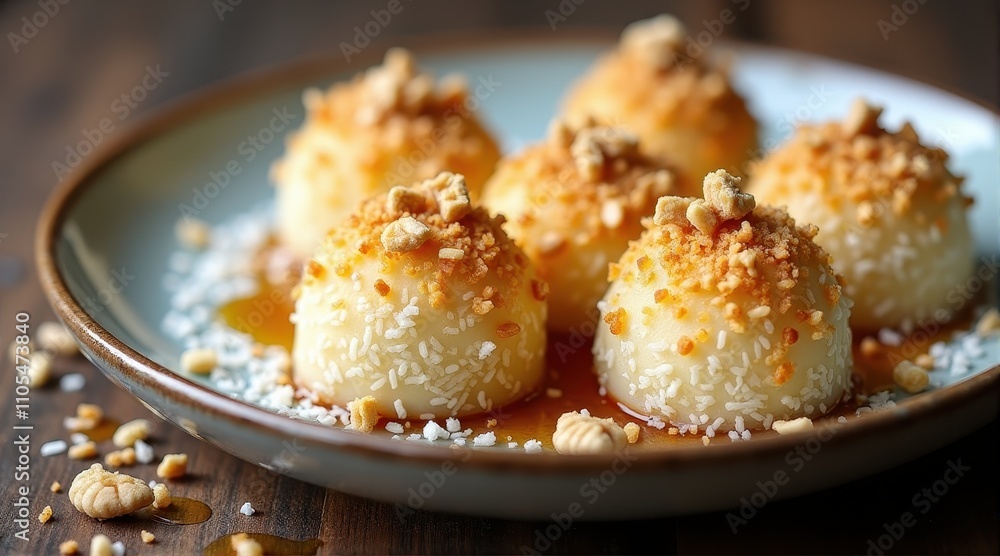 Plate of delicious dessert balls with coconut and caramel, garnished with crunchy nuts, presented beautifully on a wooden table Plate of delicious dessert balls with coconut and caramel, garnished with crunchy nuts, presented beautifully on a wooden table