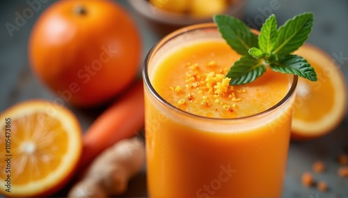 Carrot and orange smoothie with ginger - A vibrant orange smoothie garnished with mint leaves, surrounded by fresh oranges, ginger, and carrots