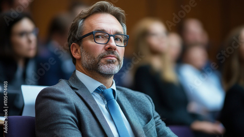 a middle-aged businessman with an obvious toupee seated at a seminar