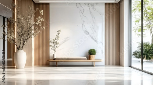 Wooden bench near marble stone wall and wood  Minimalist home interior design of modern entrance hall with big window
