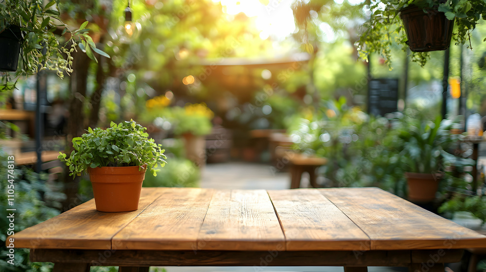 Fototapeta premium Wooden Table in a Lush Green Garden Setting, Sunlight Streaming Through the Leaves, Creating a Peaceful Atmosphere.