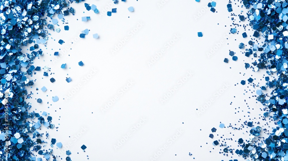 Tiny pieces of glittering confetti in soft blue tones, arranged to frame the left and right edges of a white background with writing space in the center Tiny pieces of glittering confetti in soft blue tones, arranged to frame the left and right edges of a white background with writing space in the center