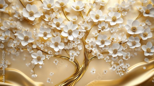 Golden tree with white flowers. Elegant 3D floral design. Luxury wallpaper design. Suitable for home decor interior design projects. High quality AI generated image. Perfect for modern classic style.