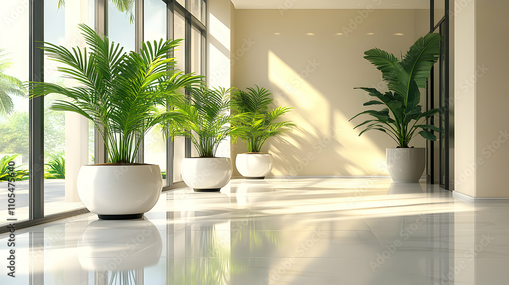Sunlit Modern Hallway with Lush Tropical Plants in White Pots Sunlit Modern Hallway with Lush Tropical Plants in White Pots