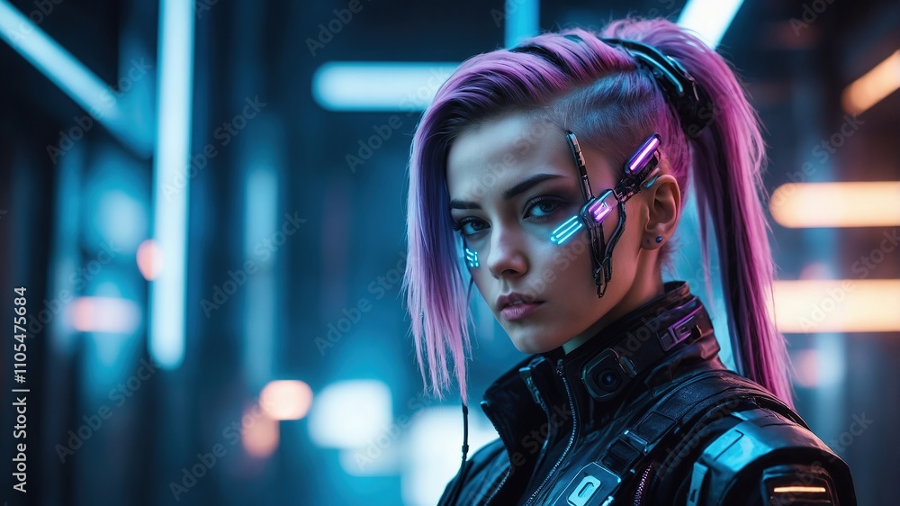 Portrait of a sci-fi cyberpunk girl. High-tech futuristic woman from the future.
Portrait of a sci-fi cyberpunk girl. High-tech futuristic woman from the future.