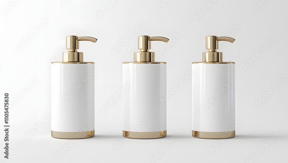 Three sleek, white soap dispensers with gold accents stand in a row against a minimalist white background. Modern bathroom decor. Three sleek, white soap dispensers with gold accents stand in a row against a minimalist white background. Modern bathroom decor.