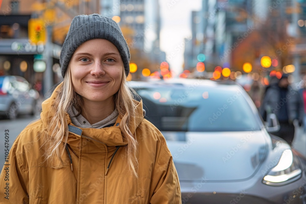 A cheerful young woman wearing a warm jacket and a beanie stands in the foreground of a busy city street. Cars and vibrant lights create a lively backdrop in the evening A cheerful young woman wearing a warm jacket and a beanie stands in the foreground of a busy city street. Cars and vibrant lights create a lively backdrop in the evening