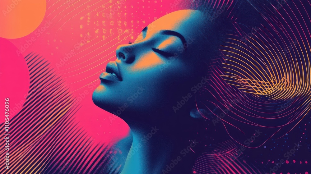 Serene woman's face, vibrant neon colors, abstract background. Serene woman's face, vibrant neon colors, abstract background.