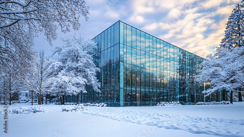 A modern glass building with snow accumulating on its sharp edges, reflecting the winter sky.