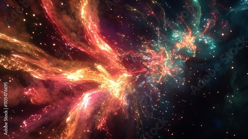 A night sky is illuminated by a radiant fireworks display. The fireworks explode in a symphony of colors, from vibrant reds to luminous greens, electric blues, golden yellows, and fiery oranges