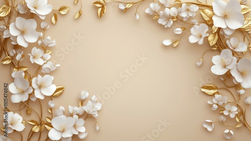 Elegant white flowers on golden vines create decorative border. Decorative wall flowers artfully arranged on beige background. Spring blossoms add touch of luxury, beauty. Floral design perfect for
